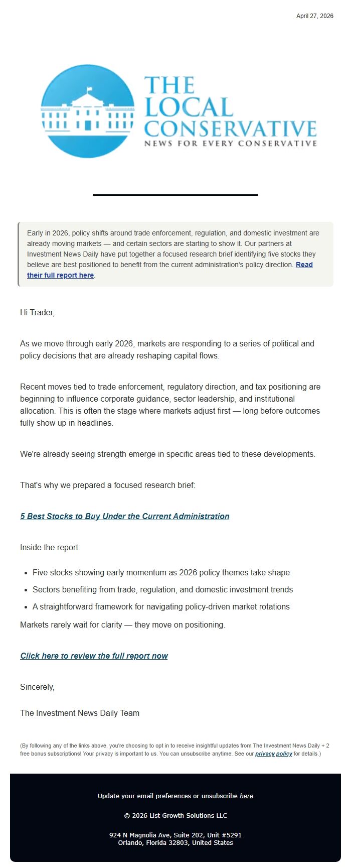 Screenshot of the email generated on import