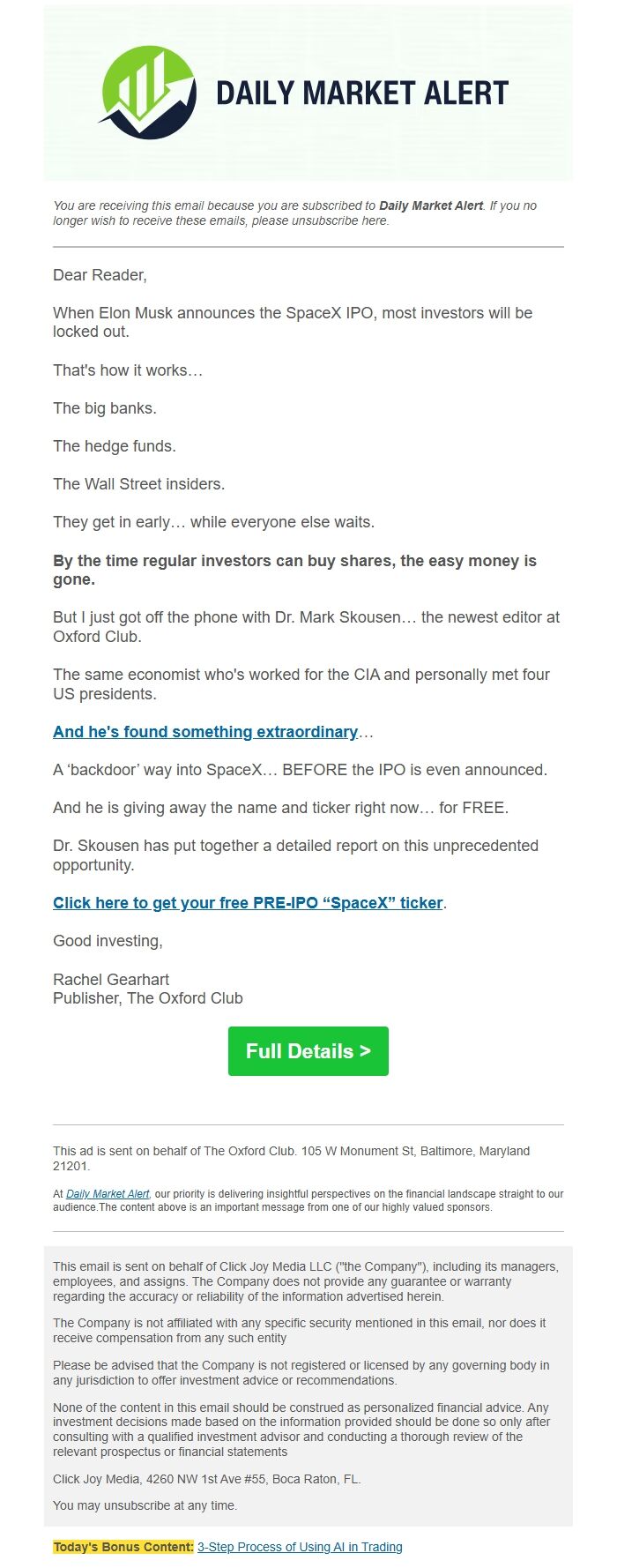 Screenshot of the email generated on import