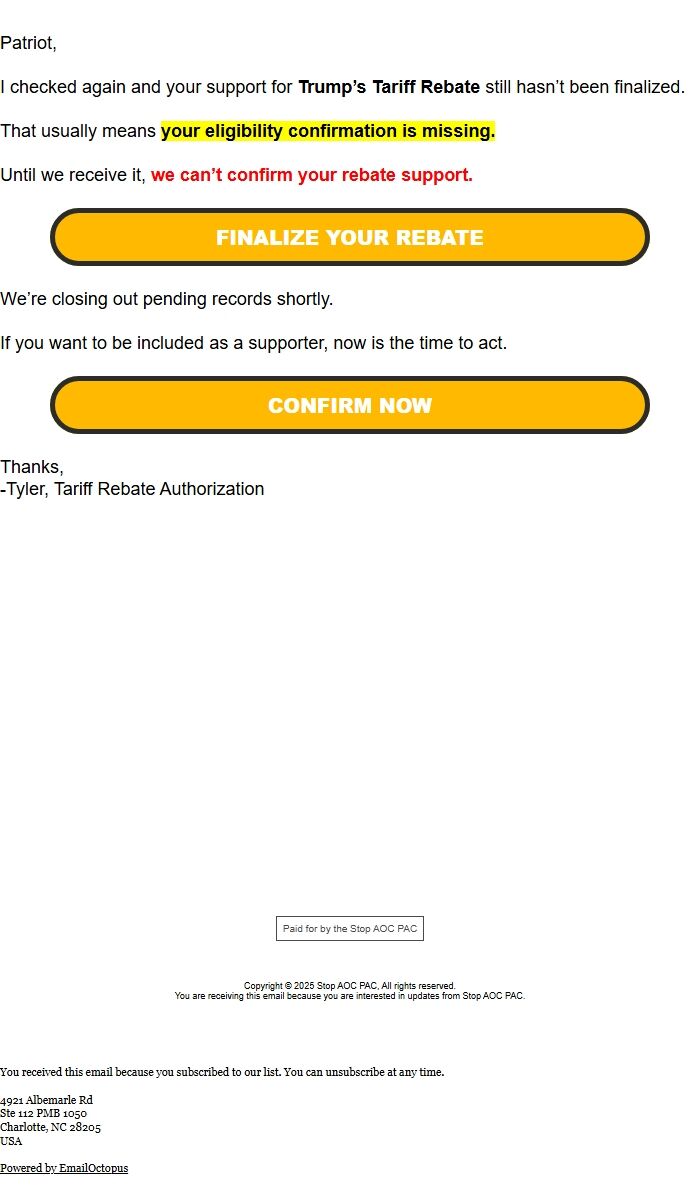 Screenshot of the email generated on import