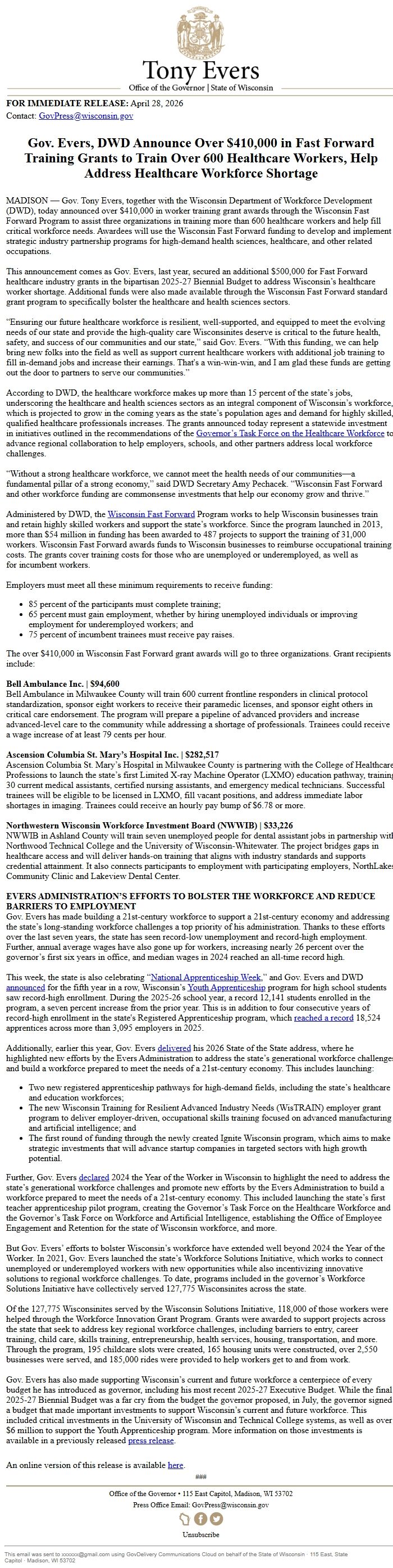 Screenshot of the email generated on import