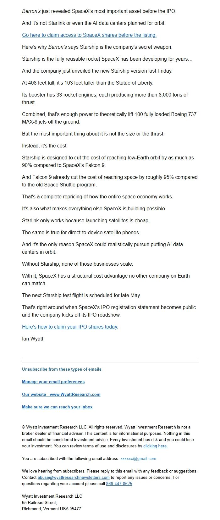 Screenshot of the email generated on import