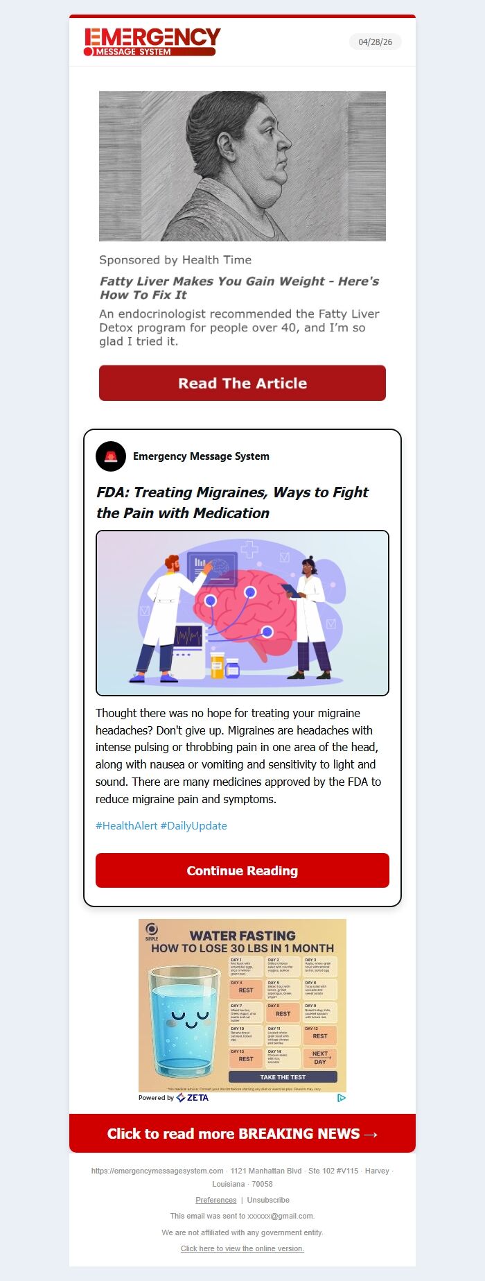 Screenshot of the email generated on import