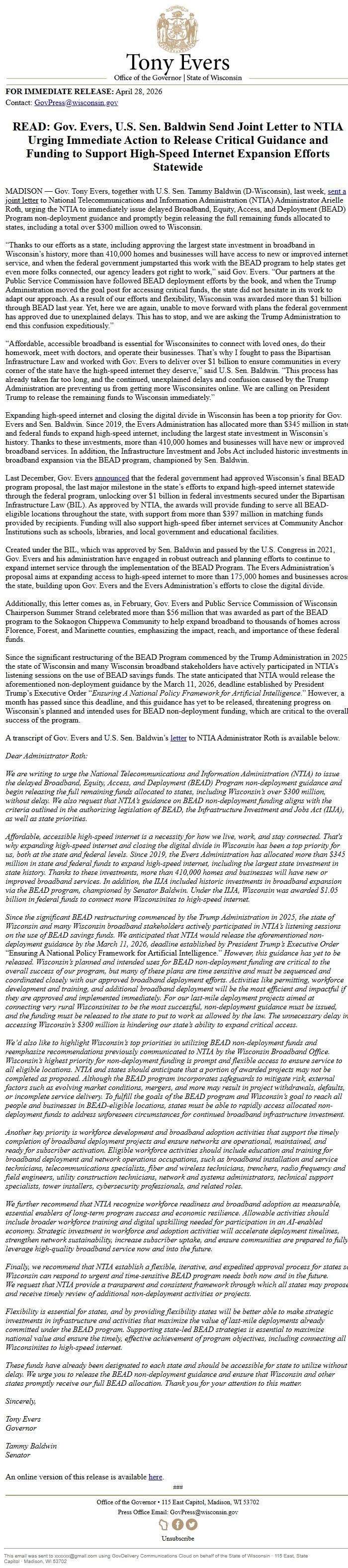 Screenshot of the email generated on import