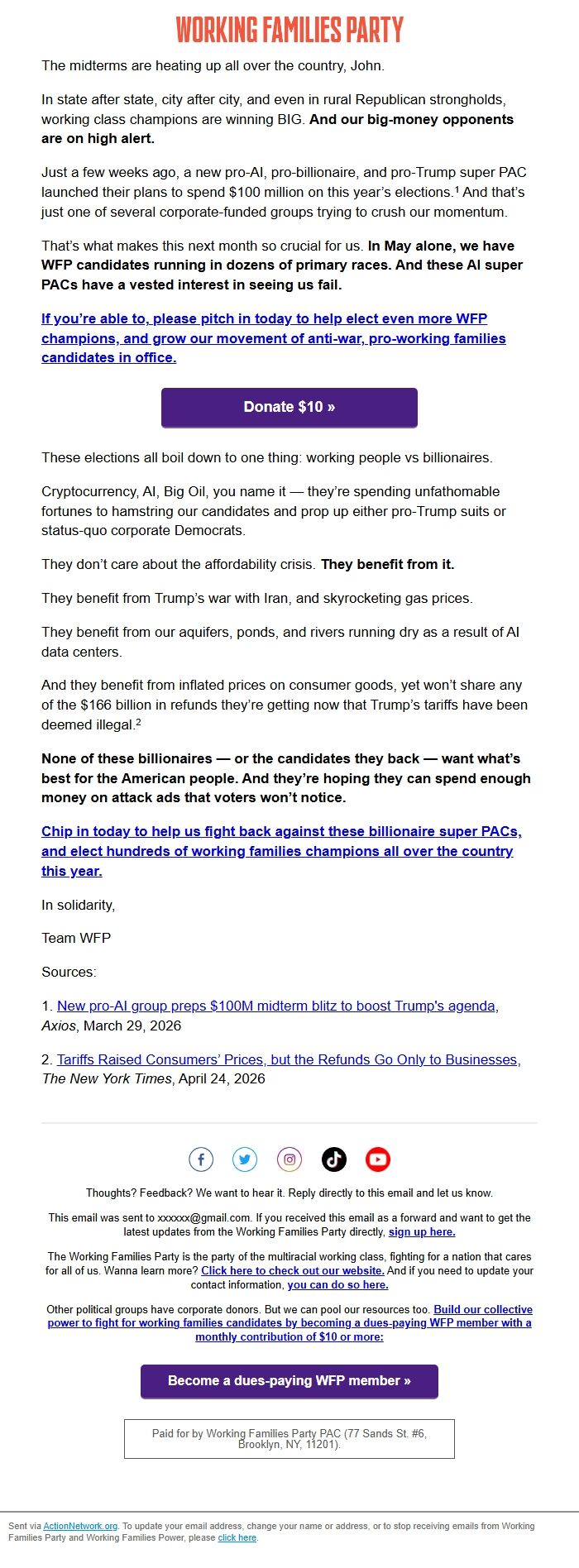 Screenshot of the email generated on import