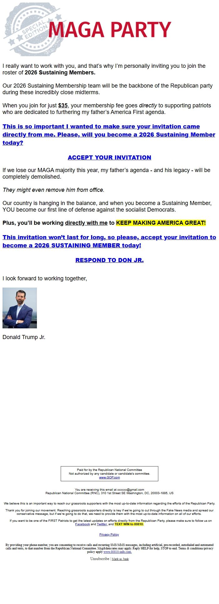 Screenshot of the email generated on import