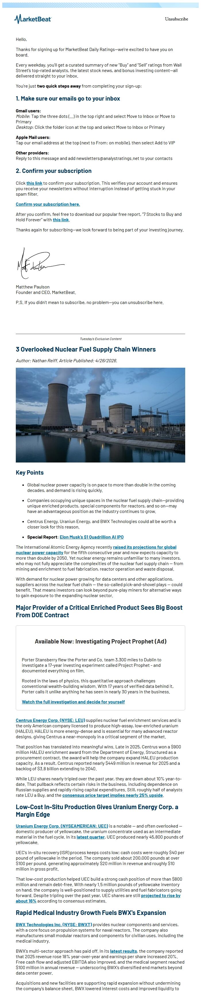 Screenshot of the email generated on import