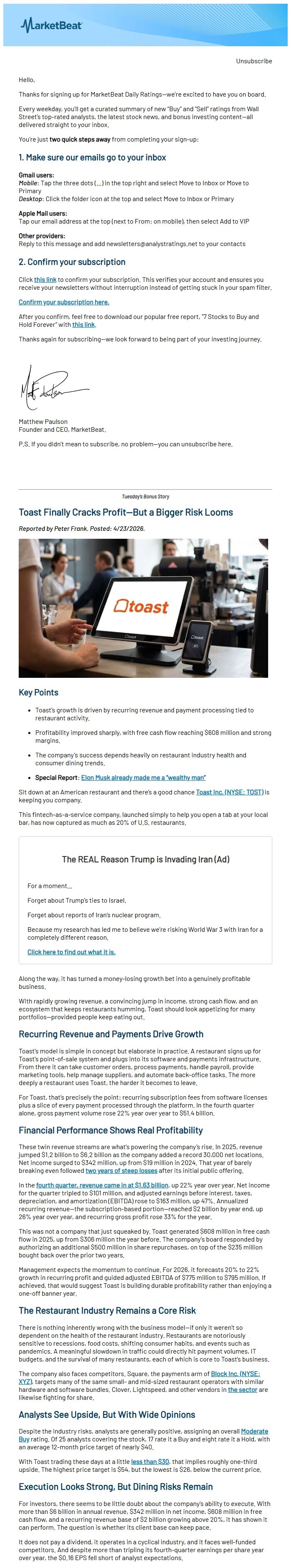 Screenshot of the email generated on import