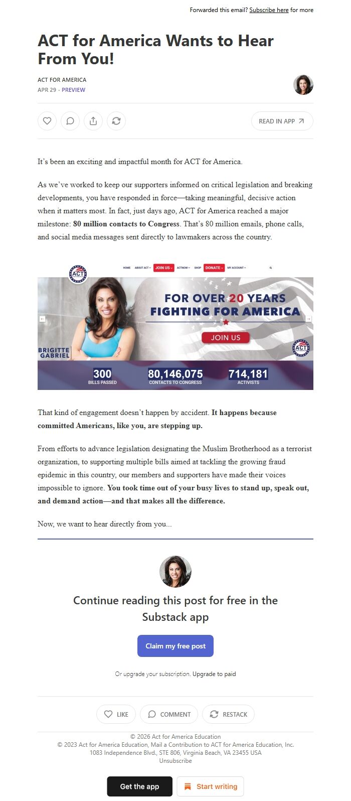 Screenshot of the email generated on import