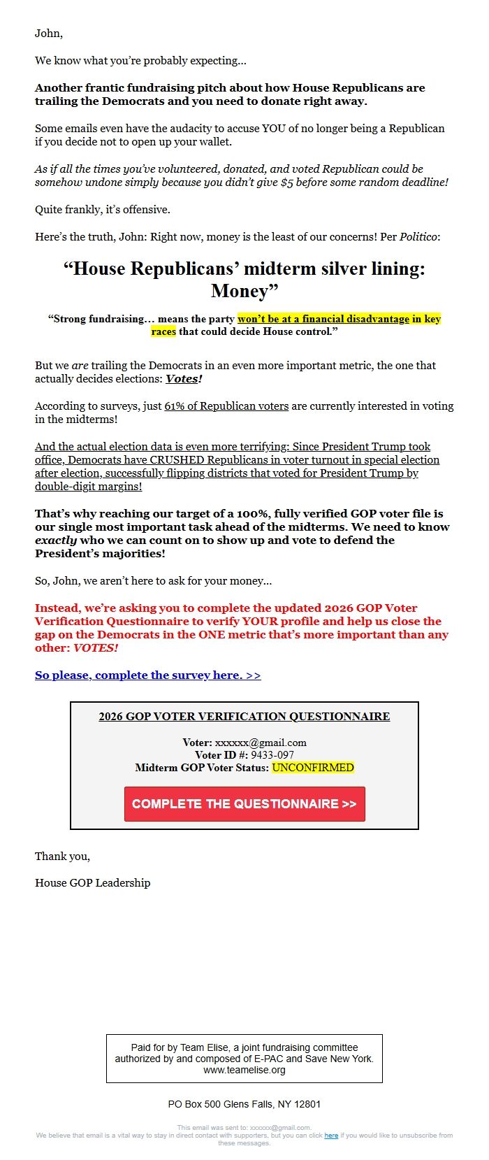 Screenshot of the email generated on import