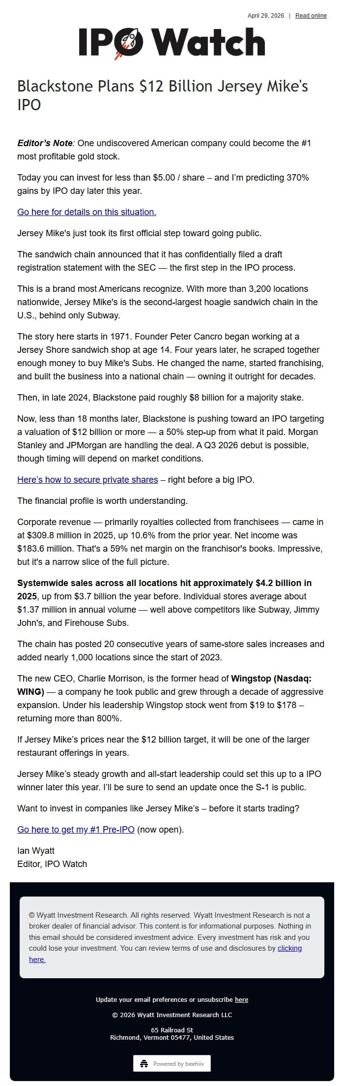 Screenshot of the email generated on import