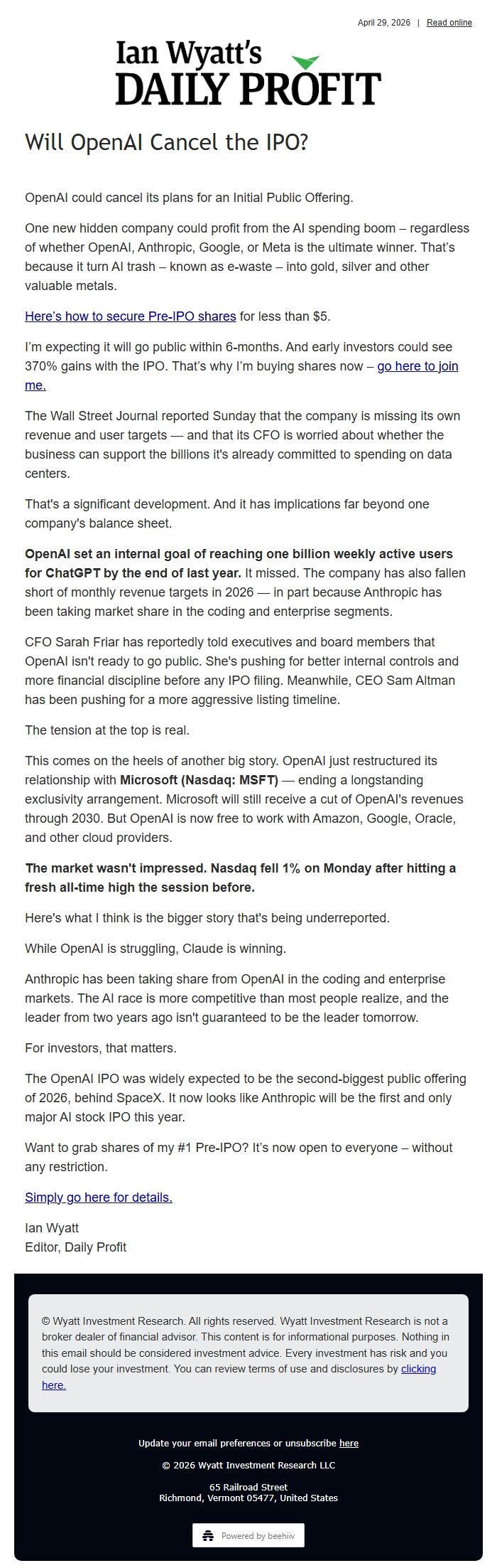 Screenshot of the email generated on import