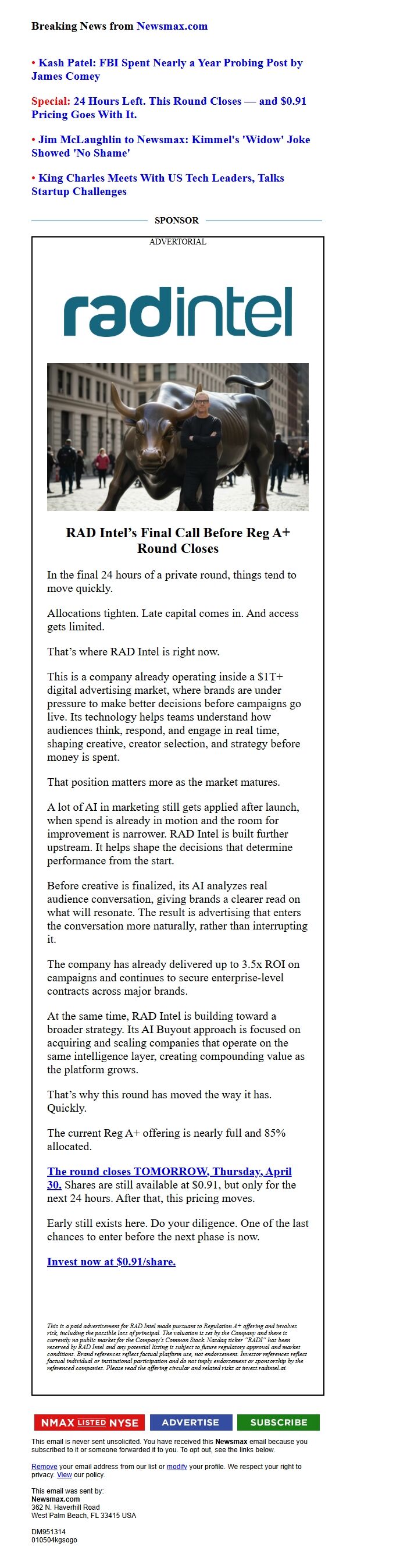 Screenshot of the email generated on import