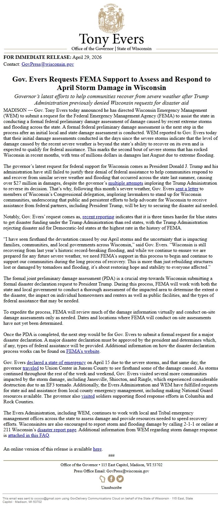 Screenshot of the email generated on import