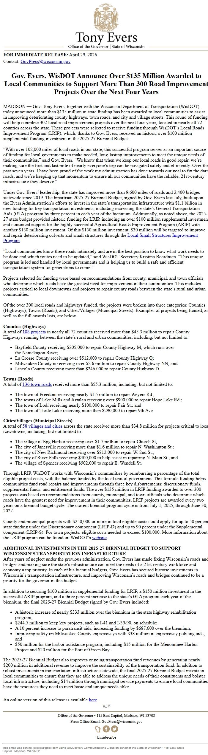 Screenshot of the email generated on import