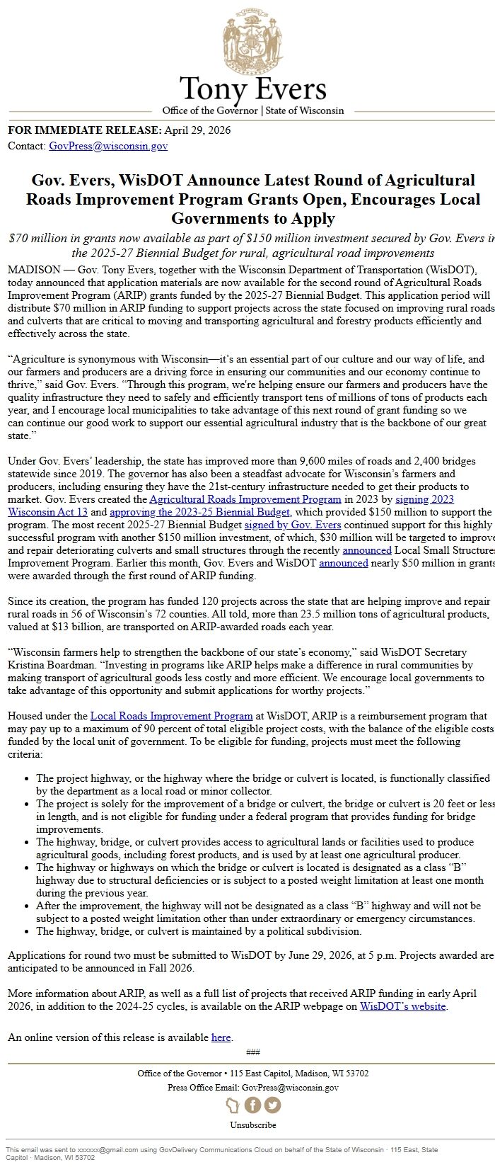 Screenshot of the email generated on import