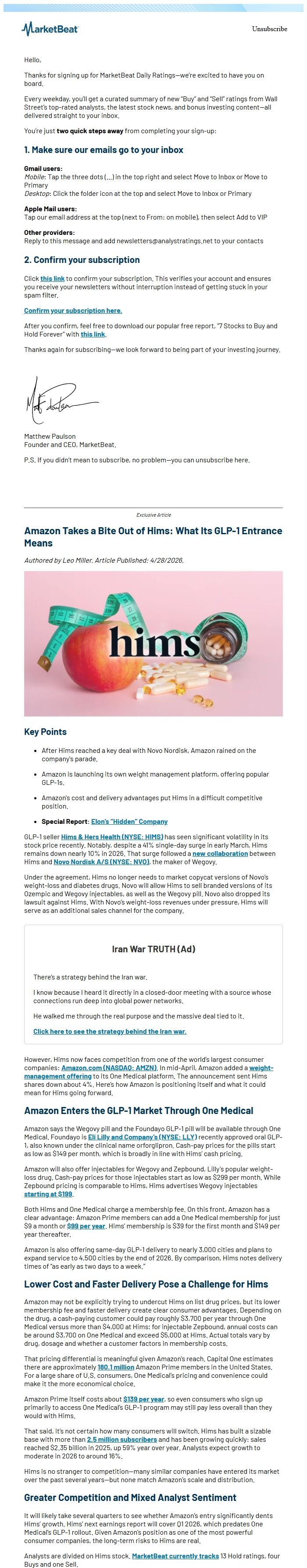 Screenshot of the email generated on import