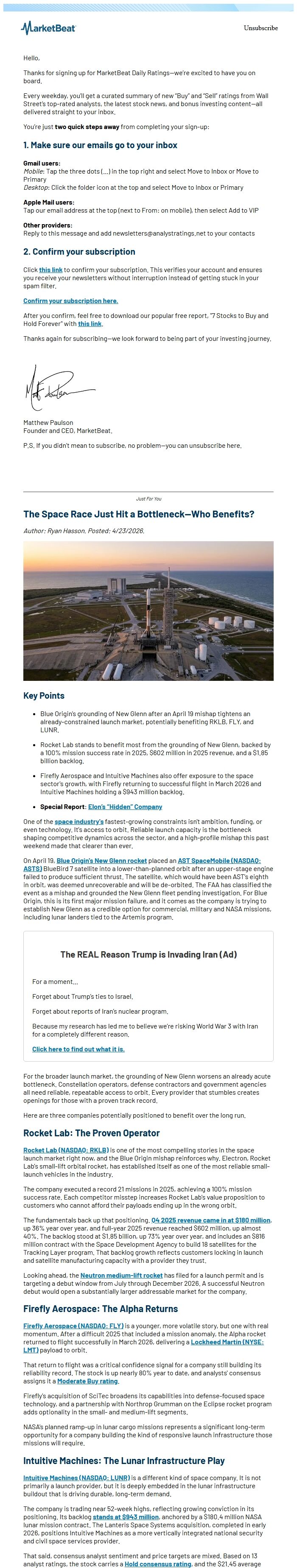 Screenshot of the email generated on import