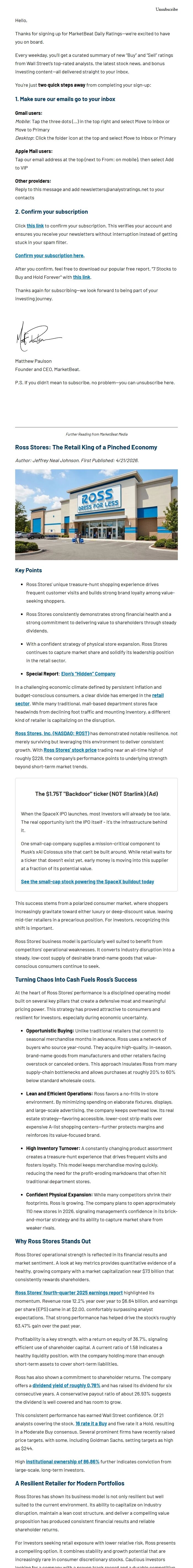 Screenshot of the email generated on import