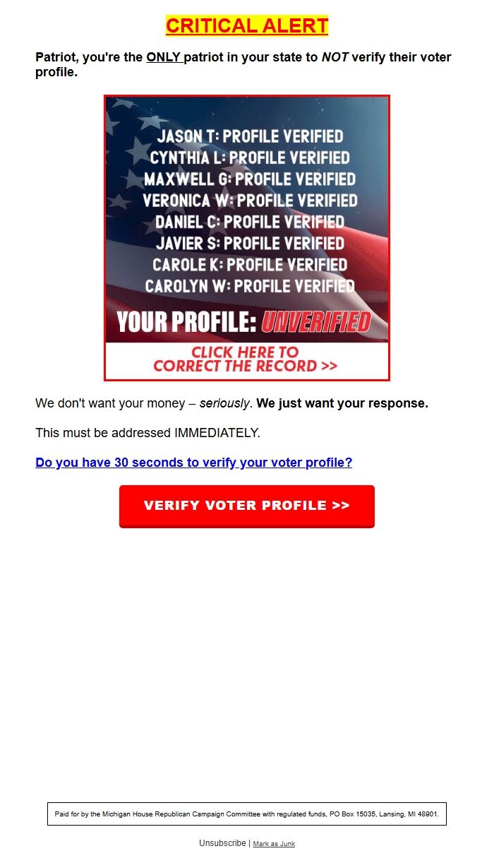 Screenshot of the email generated on import