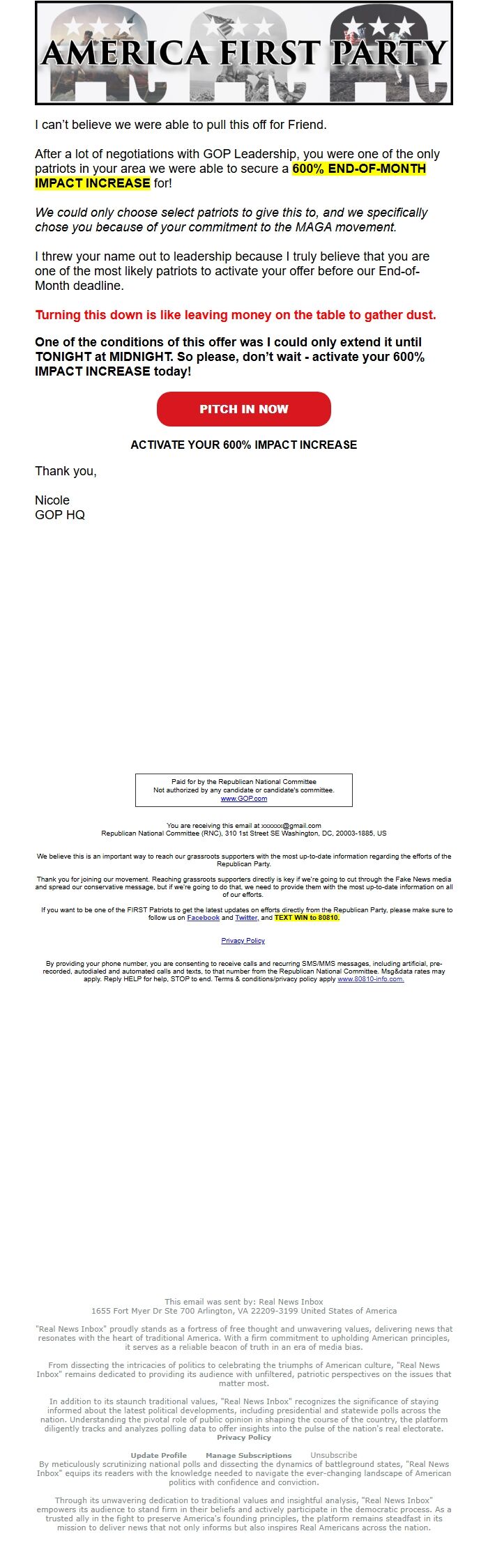 Screenshot of the email generated on import