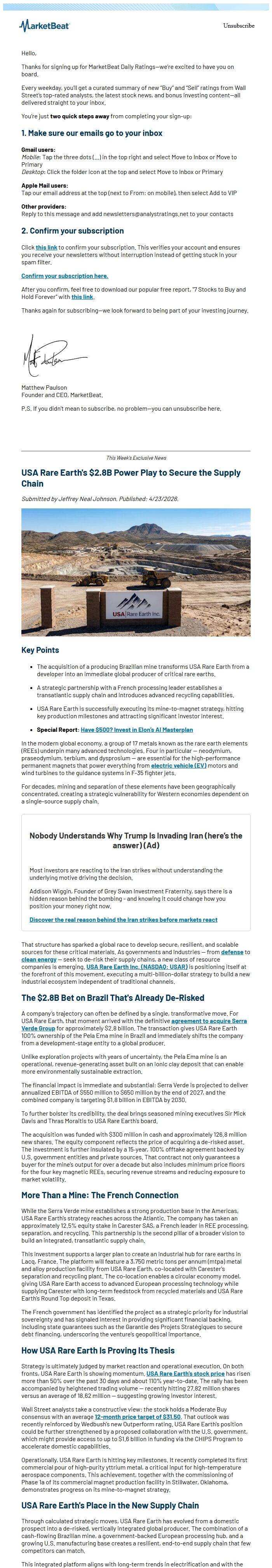 Screenshot of the email generated on import