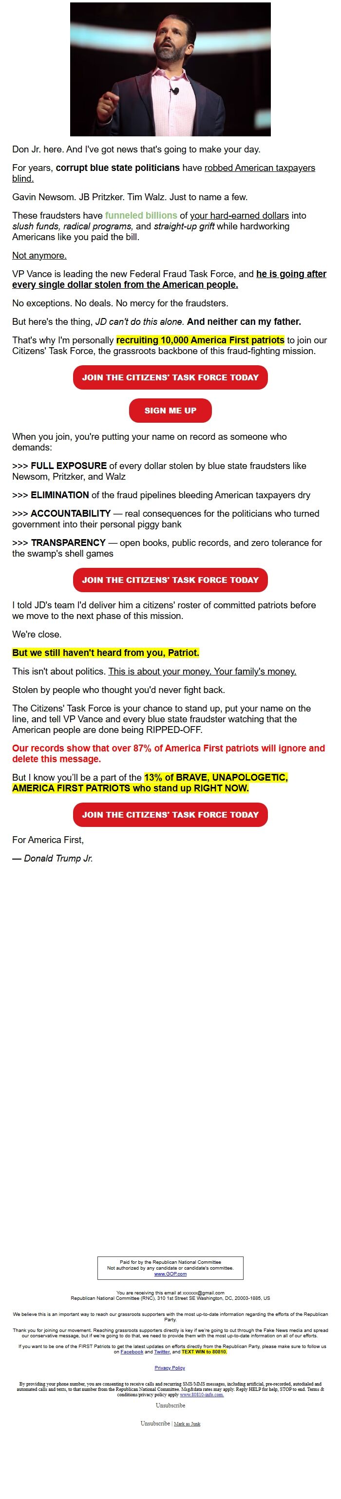 Screenshot of the email generated on import