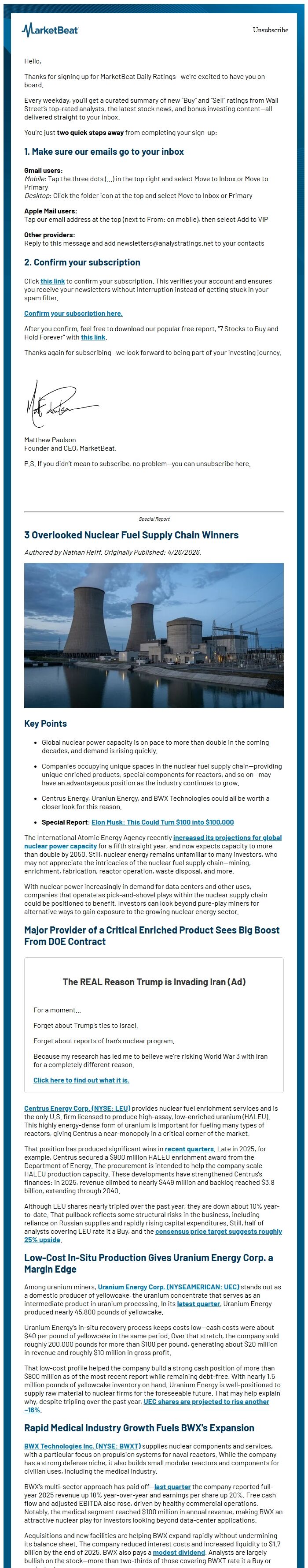 Screenshot of the email generated on import