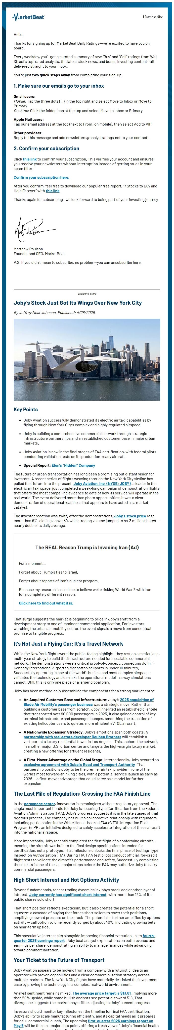 Screenshot of the email generated on import