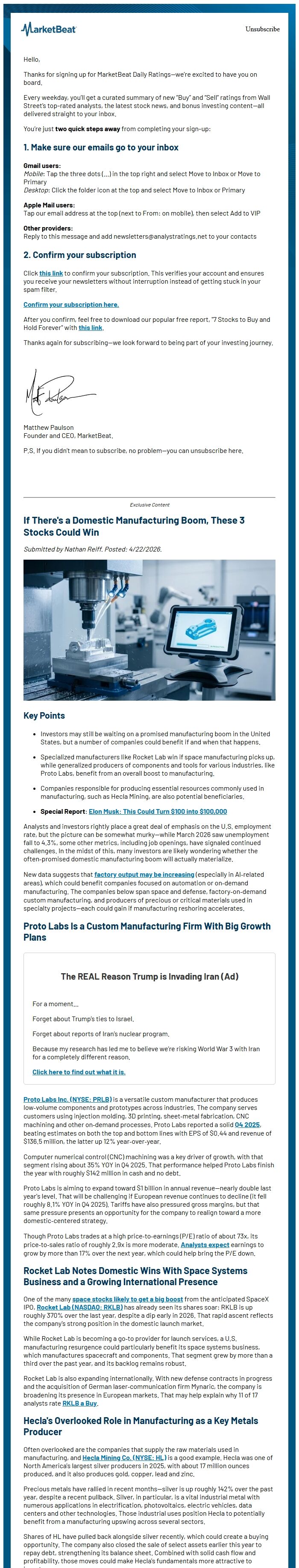 Screenshot of the email generated on import