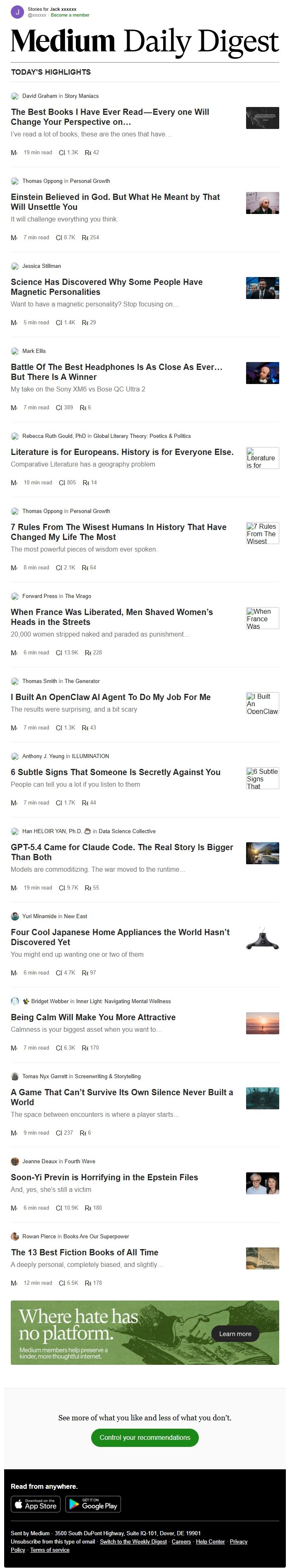 Screenshot of the email generated on import