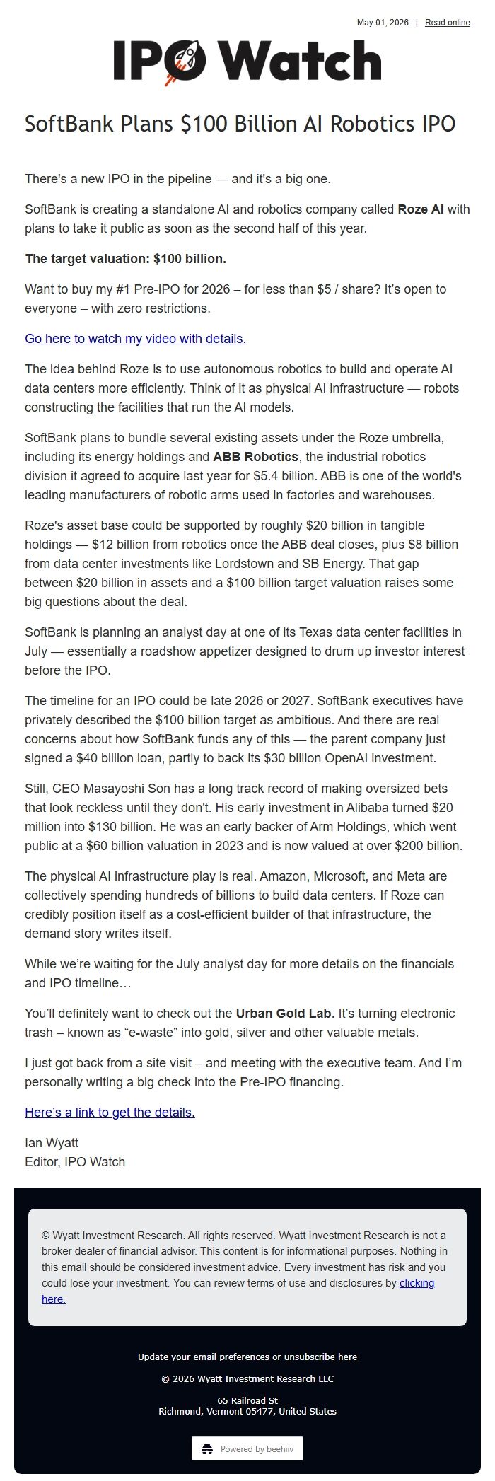 Screenshot of the email generated on import
