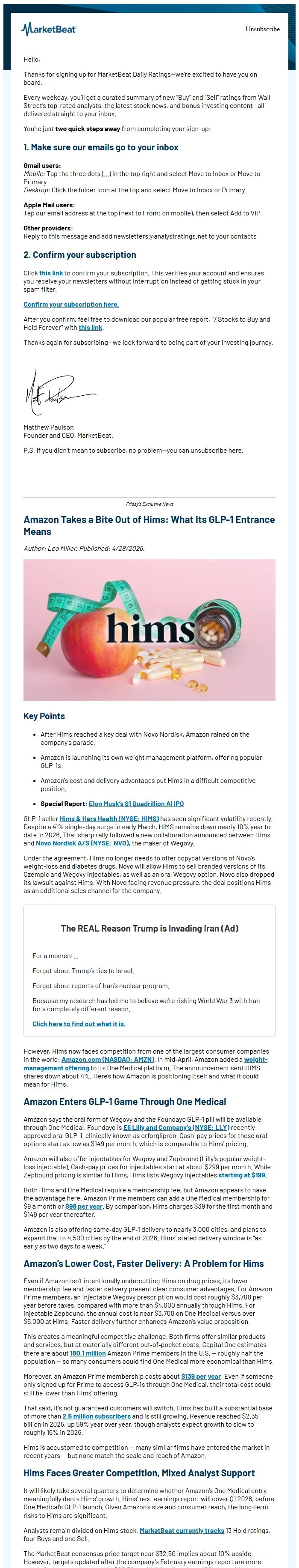 Screenshot of the email generated on import