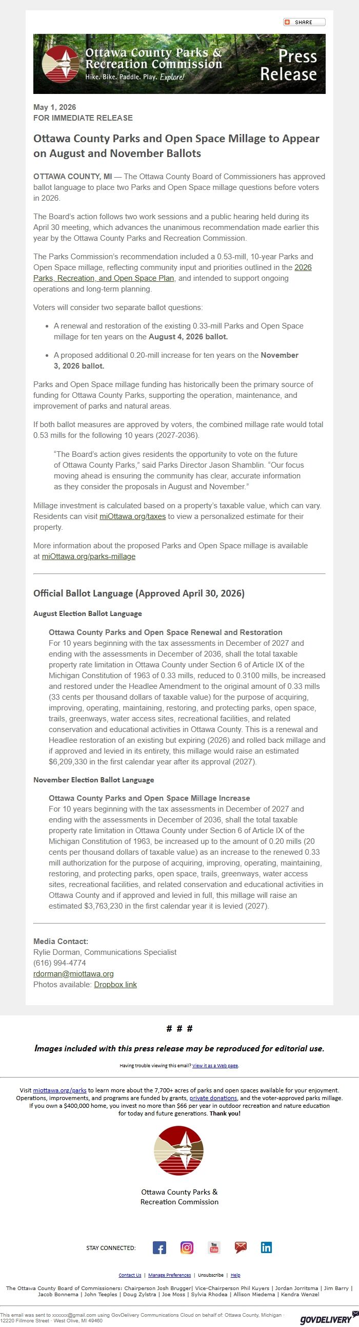 Screenshot of the email generated on import
