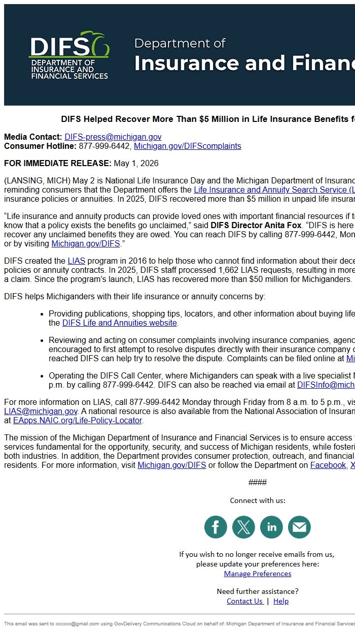 Screenshot of the email generated on import