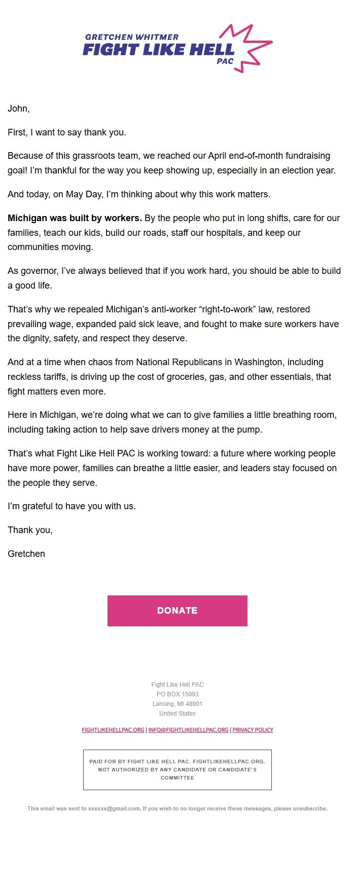 Screenshot of the email generated on import