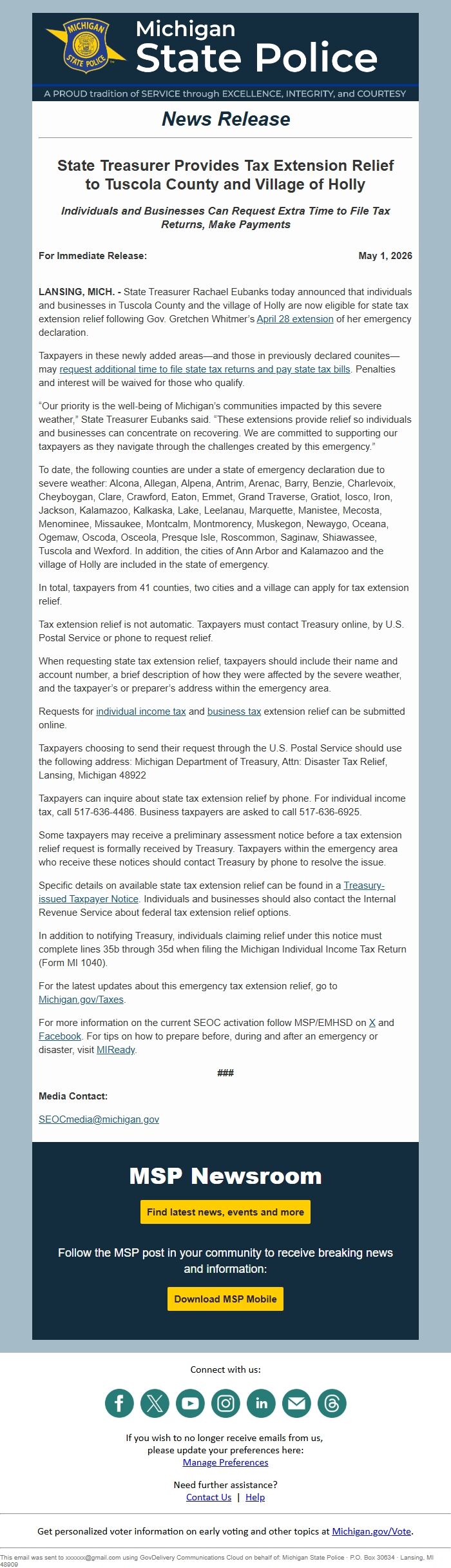 Screenshot of the email generated on import