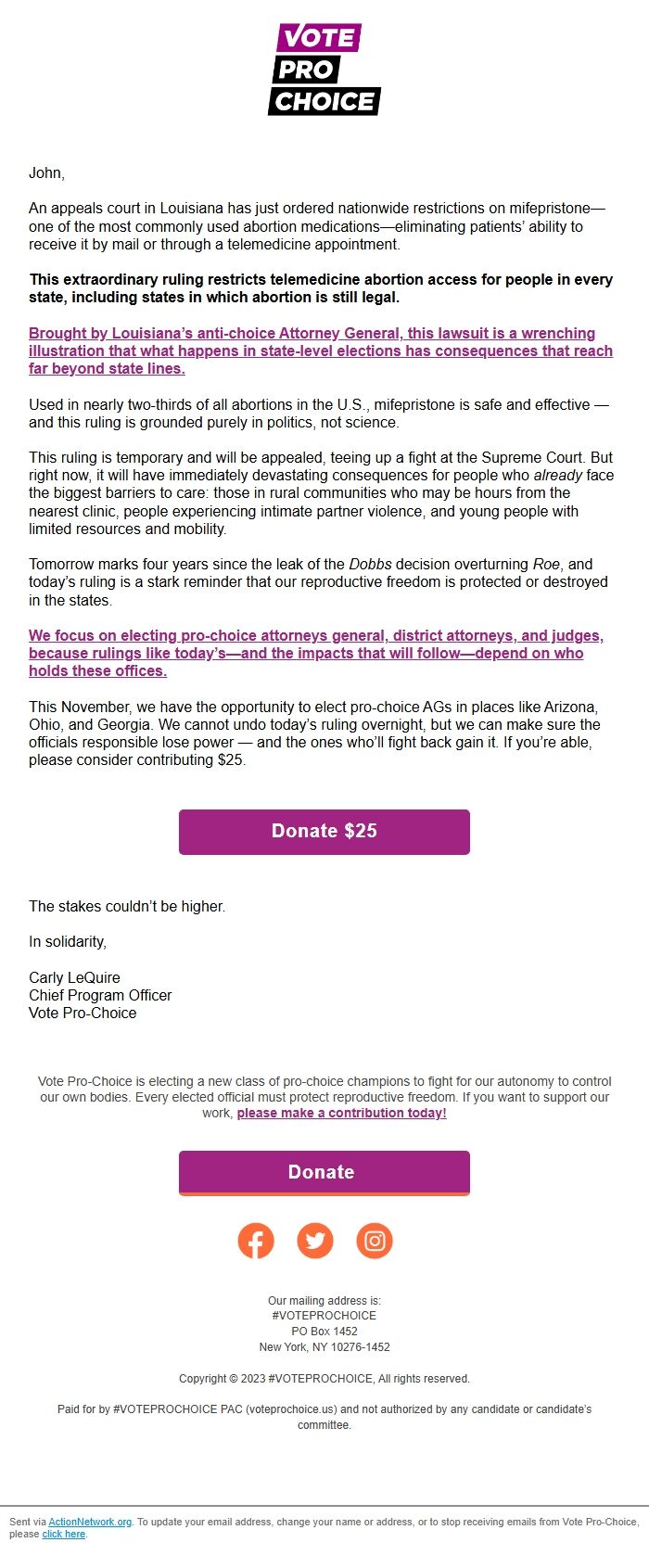 Screenshot of the email generated on import