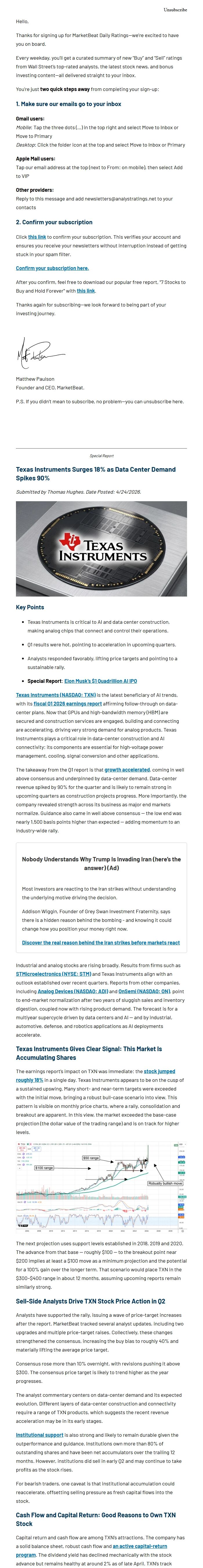 Screenshot of the email generated on import