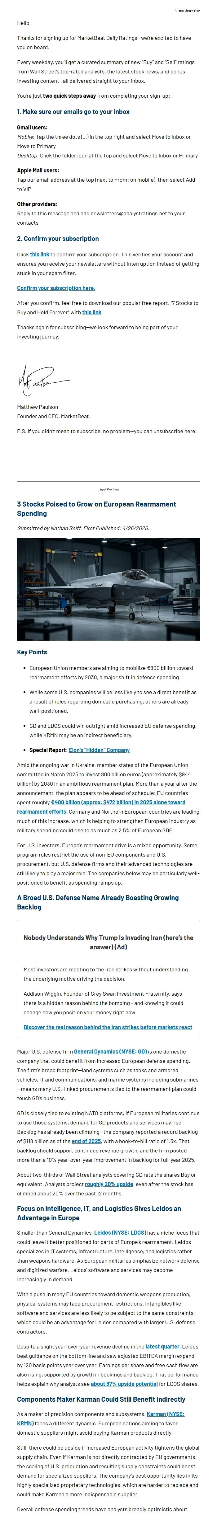 Screenshot of the email generated on import