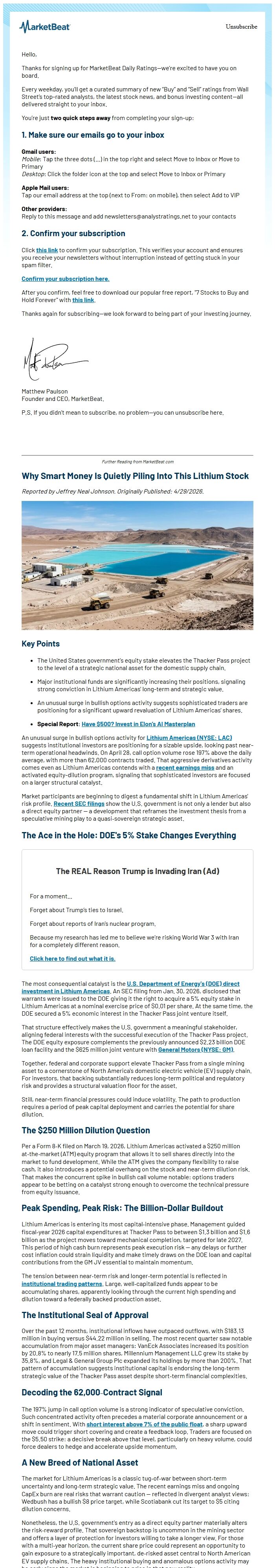 Screenshot of the email generated on import