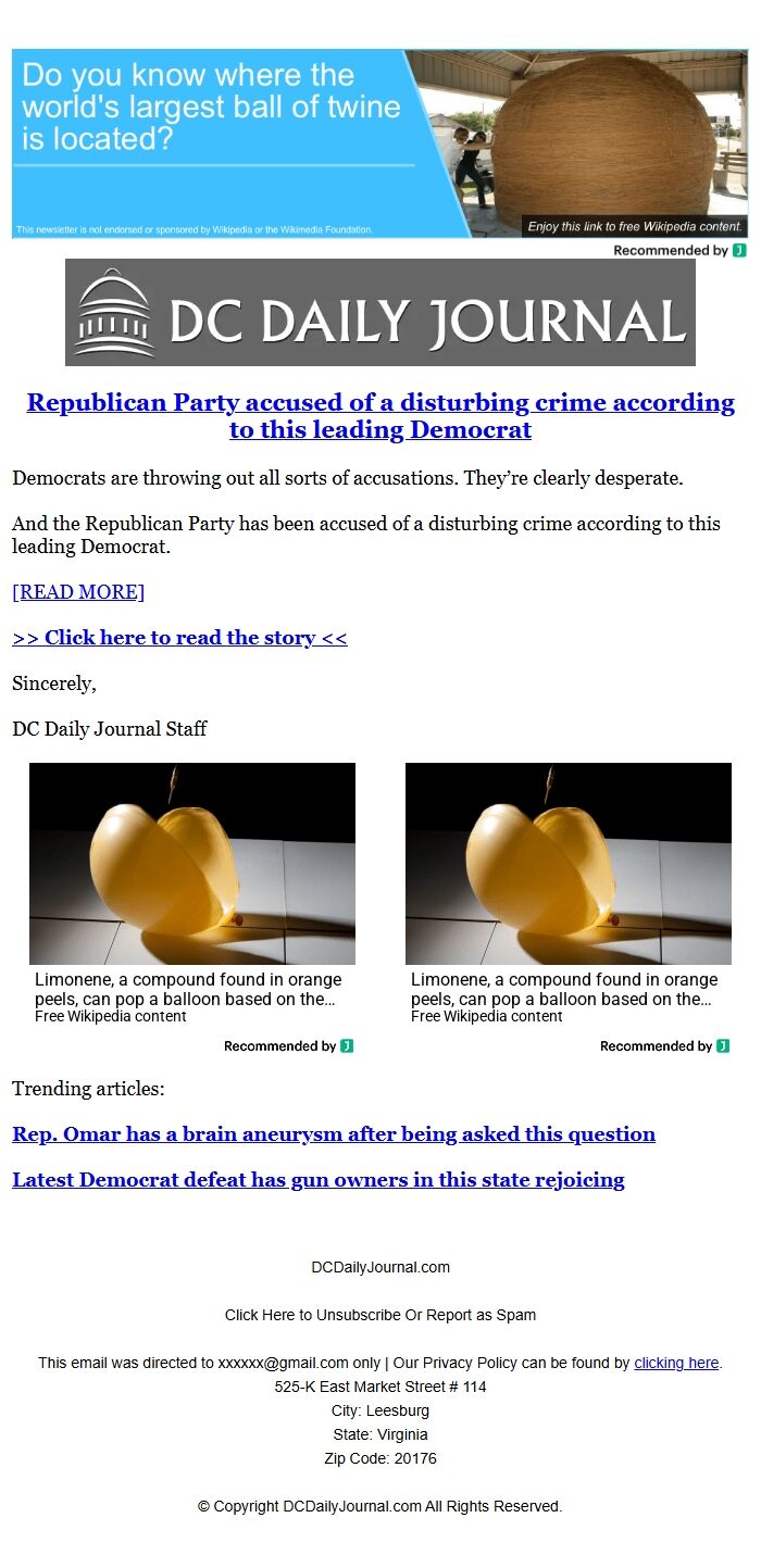 Screenshot of the email generated on import
