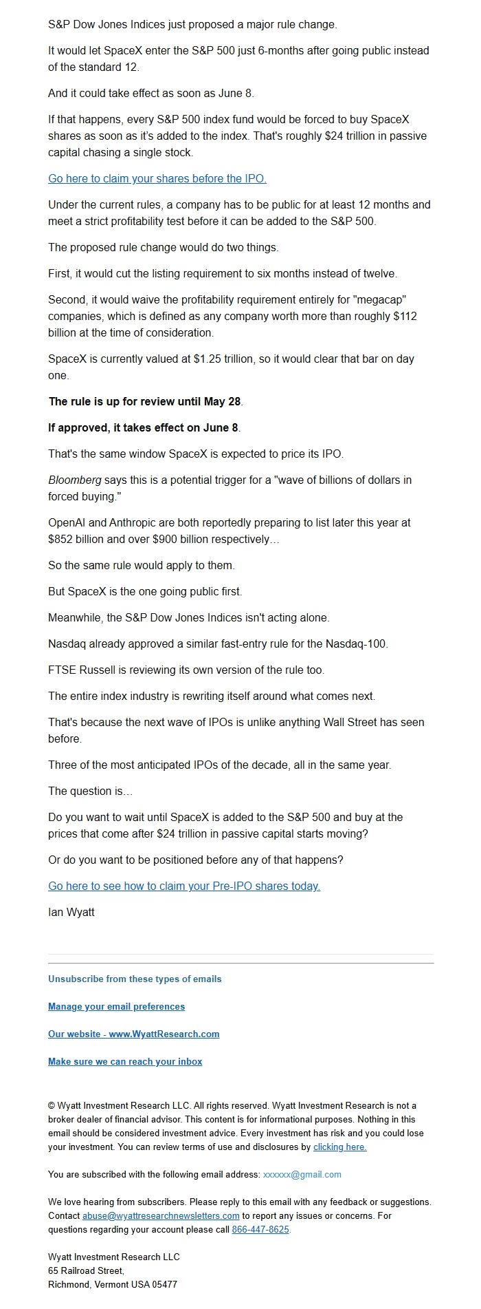 Screenshot of the email generated on import