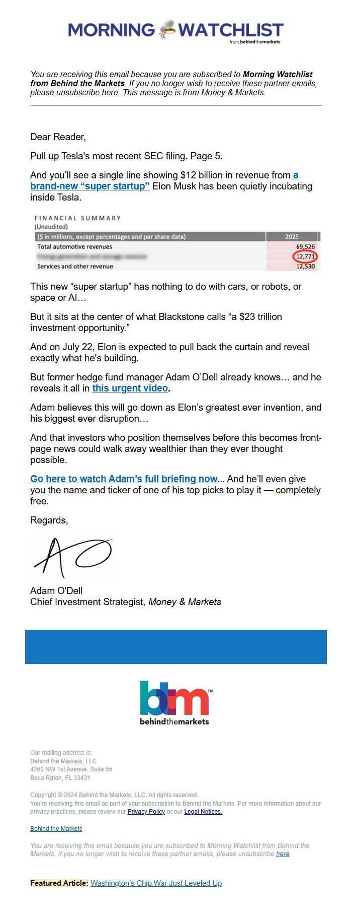 Screenshot of the email generated on import