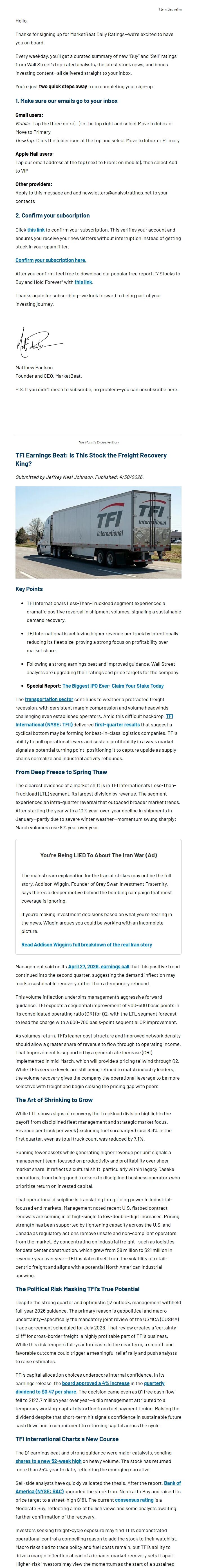 Screenshot of the email generated on import