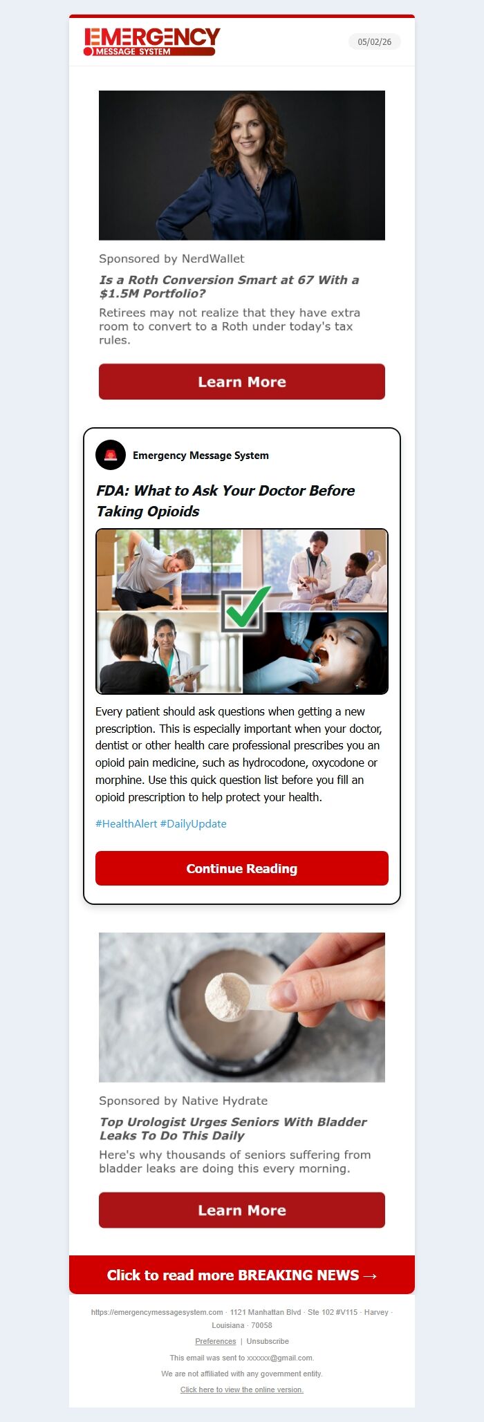 Screenshot of the email generated on import