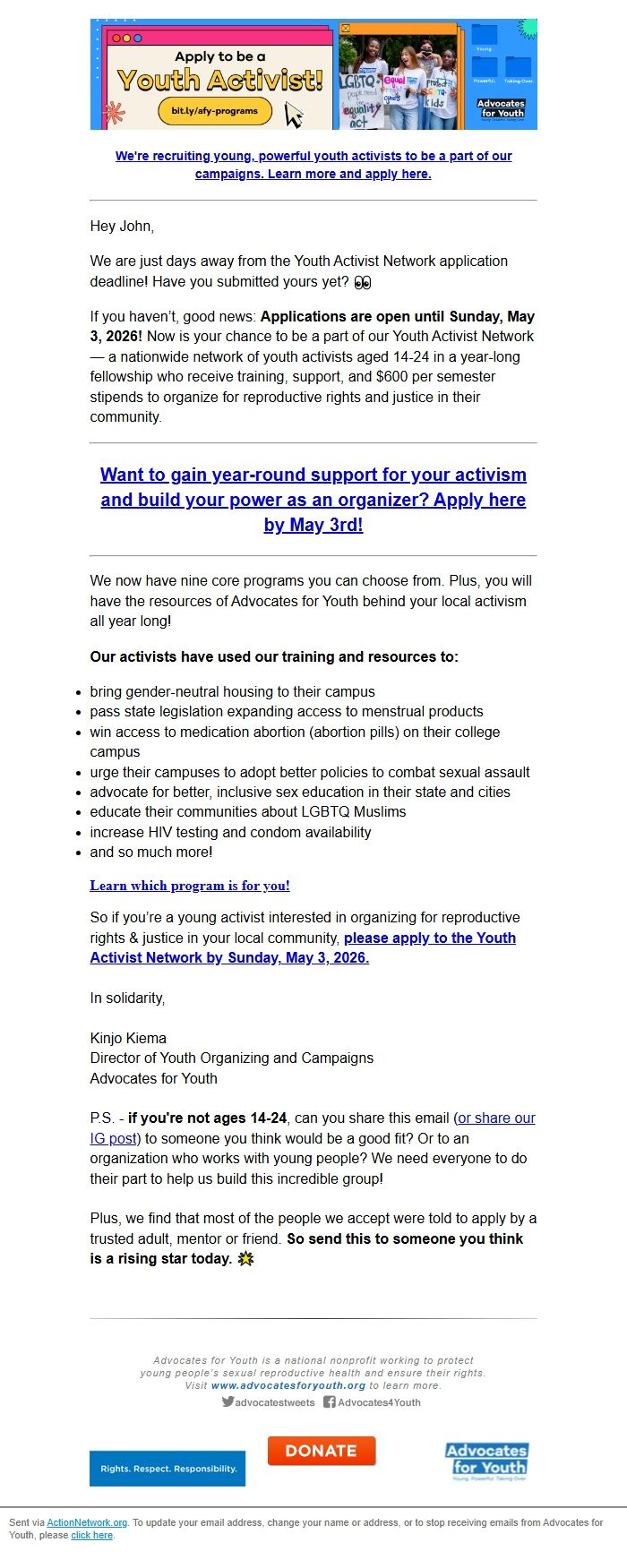 Screenshot of the email generated on import