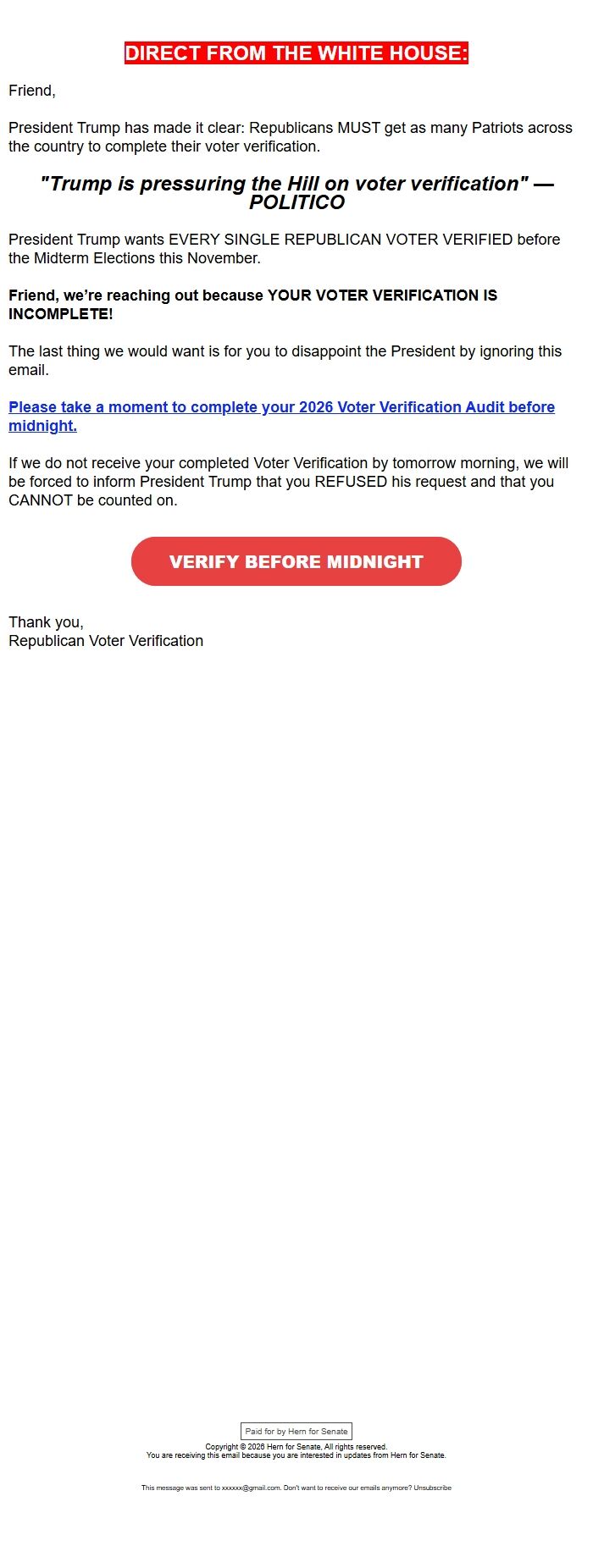Screenshot of the email generated on import