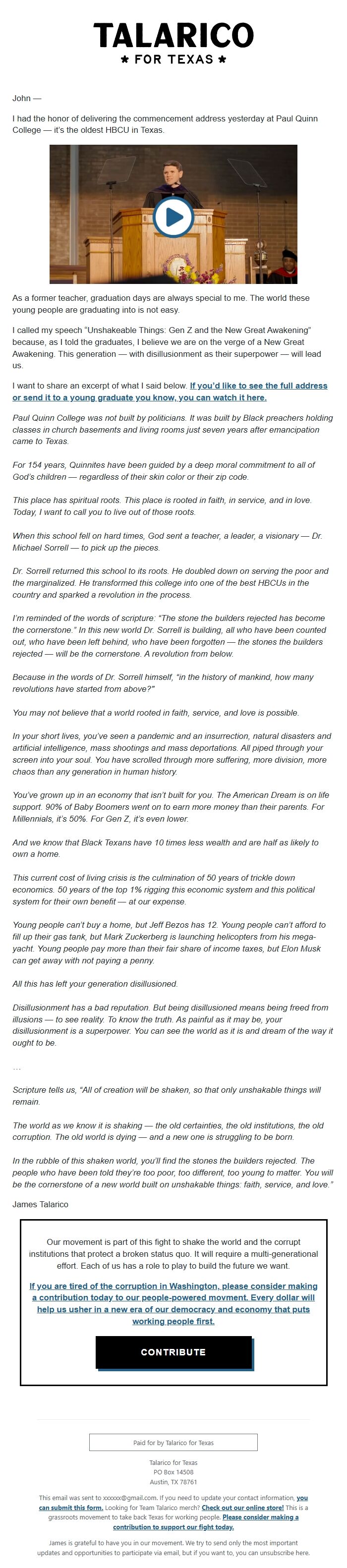 Screenshot of the email generated on import