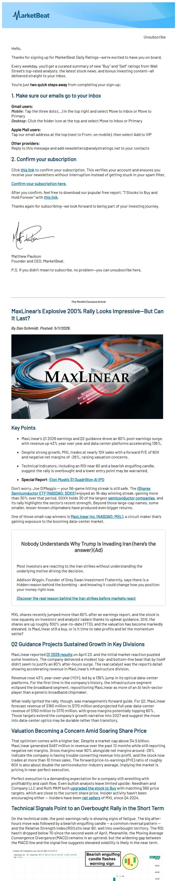 Screenshot of the email generated on import