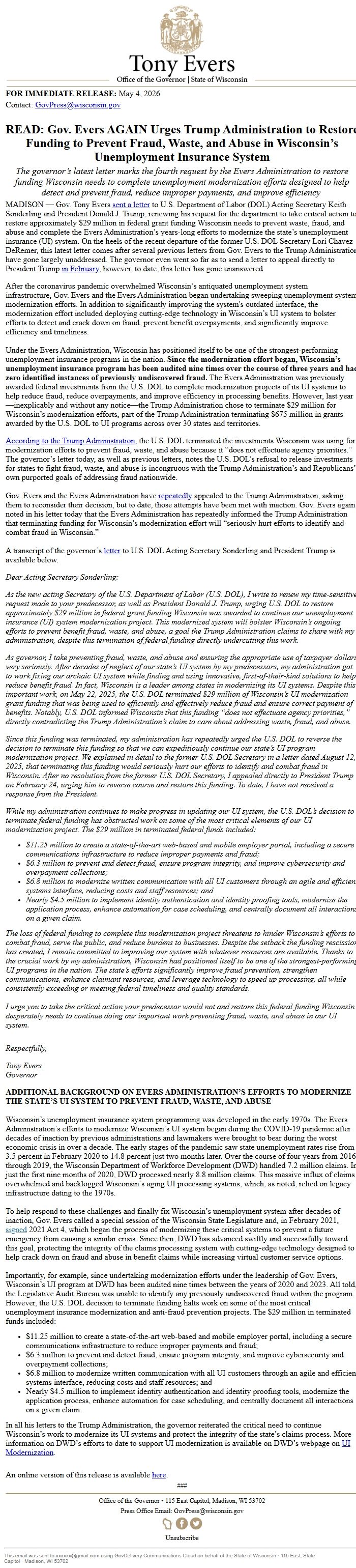 Screenshot of the email generated on import